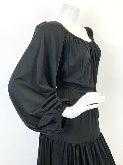 VINTAGE 60s 70s JET BLACK PUFF SLEEVE TIERED BOHO FOLK MAXI DRESS 10