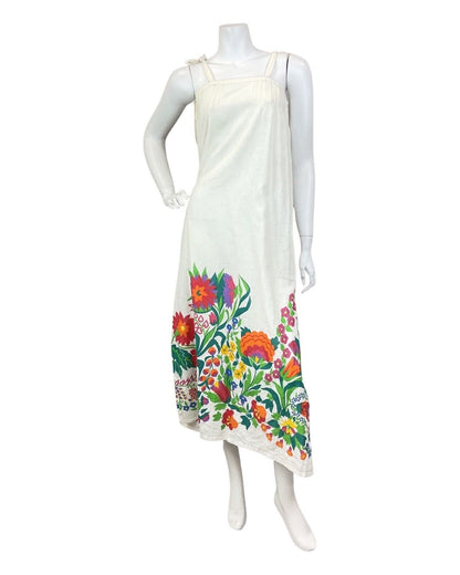 VINTAGE 60s 70s CREAM RED GREEN FLORAL COTTON STRAPPY SUMMER MAXI DRESS 4