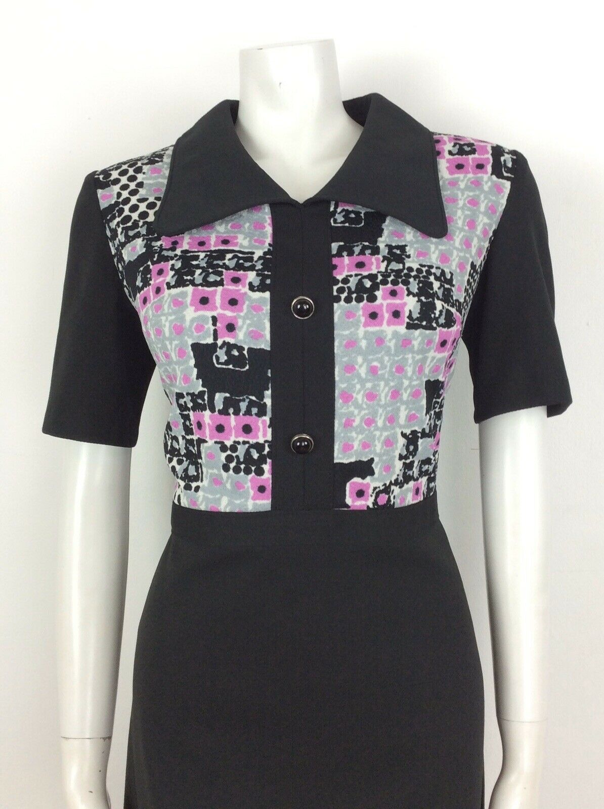 VINTAGE 60S BLACK PINK GREY WHITE ABSTRACT DAGGER COLLAR DRESS 14