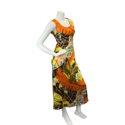 VINTAGE 60s 70s BROWN ORANGE YELLOW PSYCHEDELIC FLORAL LUREX MOD MAXI DRESS 10