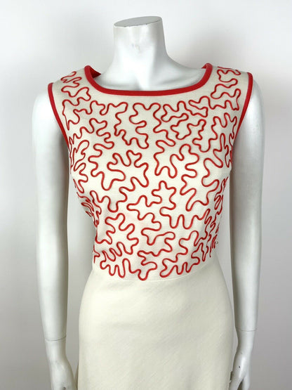 VINTAGE 60s 70s CREAM RED BRAIDED SQUIGGLE SLEEVELESS MIDI DRESS 16