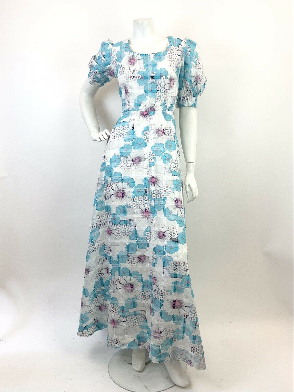 VTG 60s 70s WHITE BLUE PINK FLORAL PUFF SLEEVE PSYCHEDELIC MOD MAXI DRESS 8