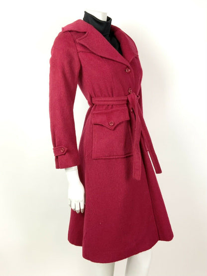 VINTAGE 60s 70s RED OVERSIZED COLLAR BELTED WOOL PRINCESS COAT 8 10