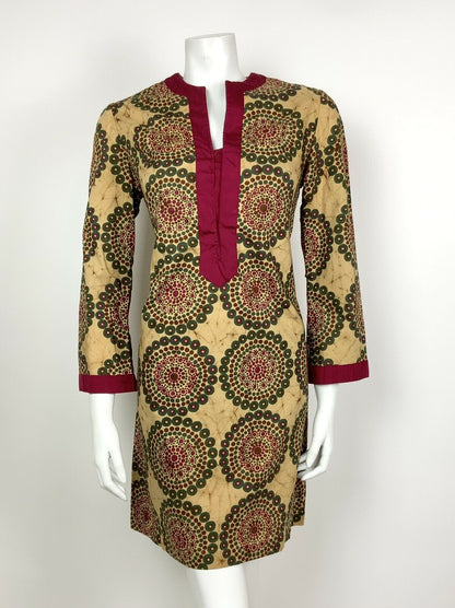 VINTAGE 60s 70s BROWN GREEN PURPLE GEOMETRIC MANDALA BOHO SHIFT DRESS 8 10