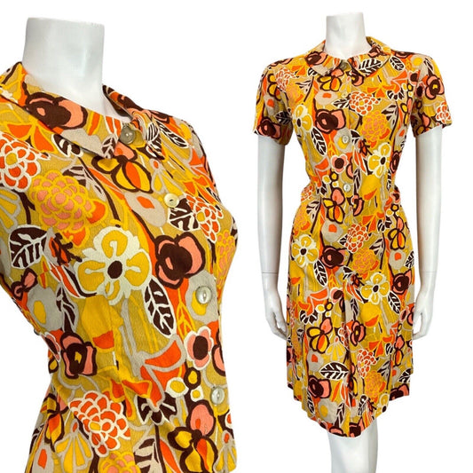 VINTAGE 60s 70s YELLOW BEIGE ORANGE FLORAL MOD PETER PAN SHIRT DRESS 12 14