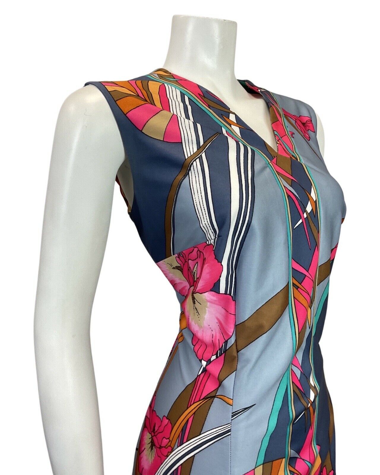 VINTAGE 60s 70s BLUE PINK BROWN FLORAL LEAFY SLEEVELESS MIDI DRESS 16