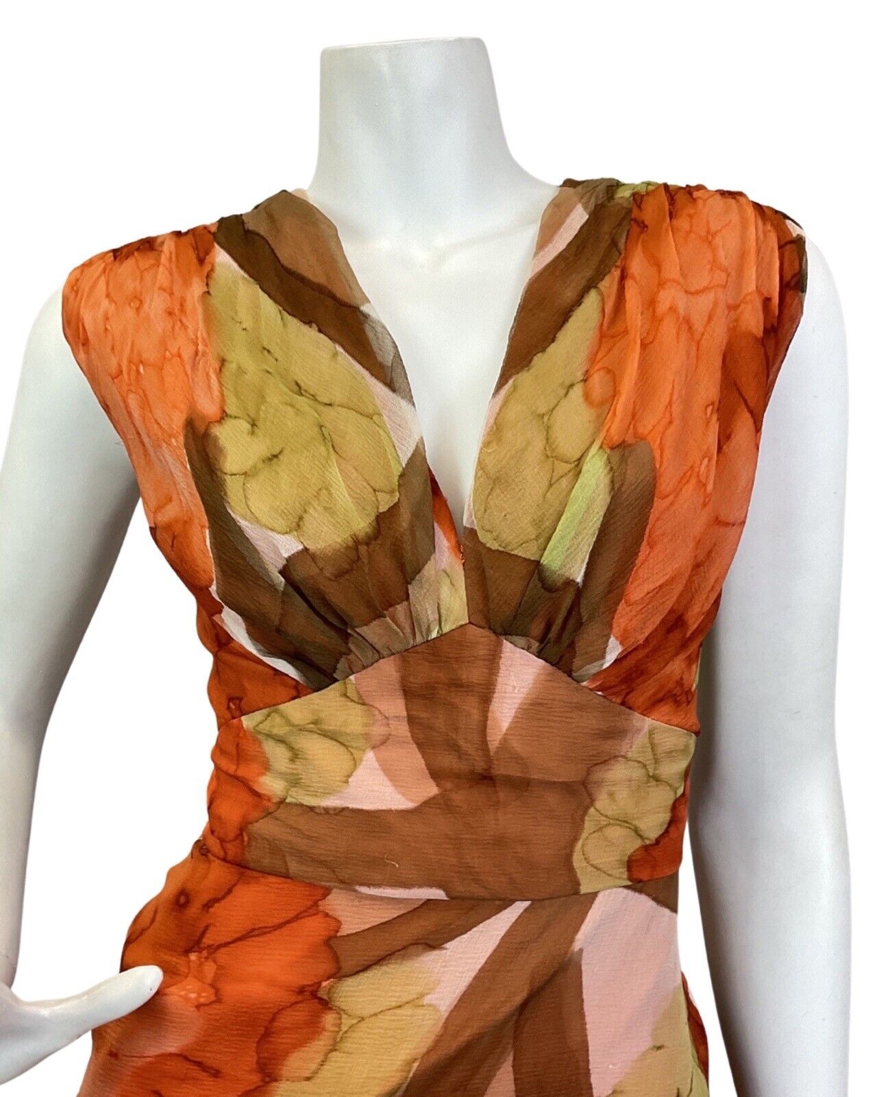 VINTAGE 60s 70s ORANGE BROWN GREEN PSYCHEDELIC ABSTRACT SUMMER MAXI DRESS 10