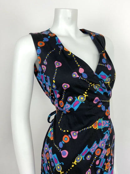 VINTAGE 60s 70s GEOMETRIC ABSTRACT BLACK BLUE PINK ORANGE WRAP MAXI DRESS 10