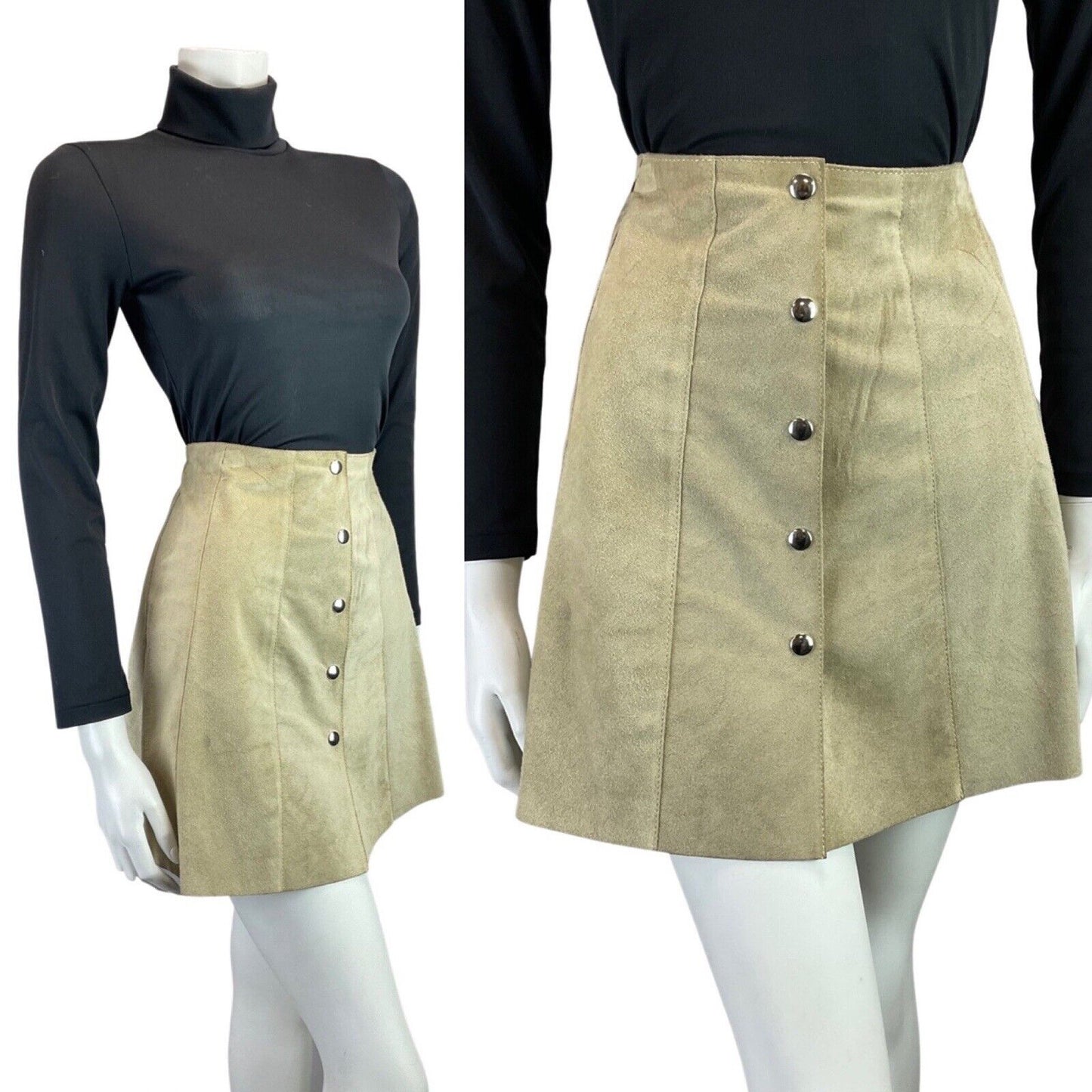 VINTAGE 60s 70s CAMEL CREAM MOD BOHO SUEDE LEATHER MINI SKIRT 6