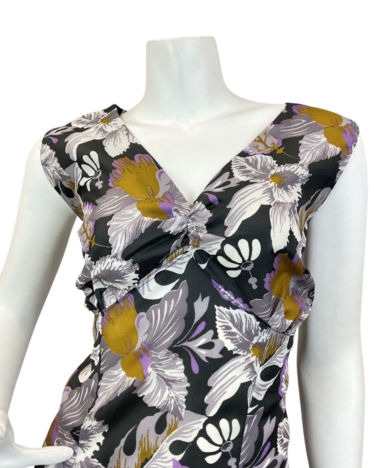 VINTAGE 60s 70s GREY BLACK PURPLE FLORAL LEAFY SLEEVELESS MAXI DRESS 16