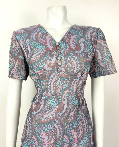 VINTAGE 60s 70s BLUE TURQUOISE PINK GOLD PSYCHEDELIC FLARED DRESS 12 14