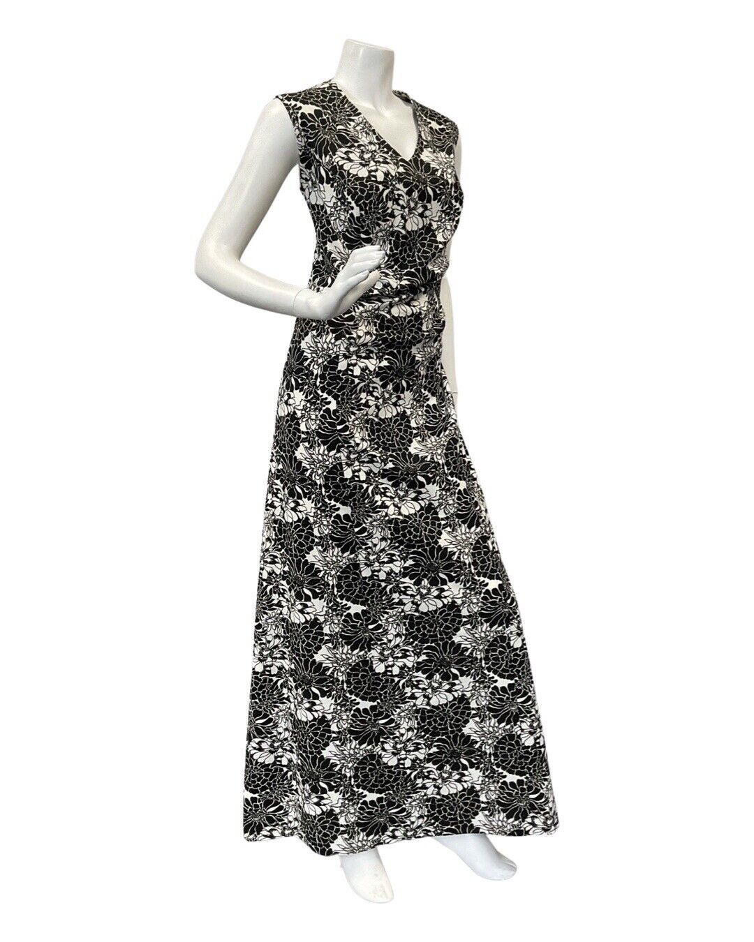 VINTAGE 60s 70s BLACK WHITE PSYCHEDELIC FLORAL SLEEVELESS MAXI DRESS 16 18