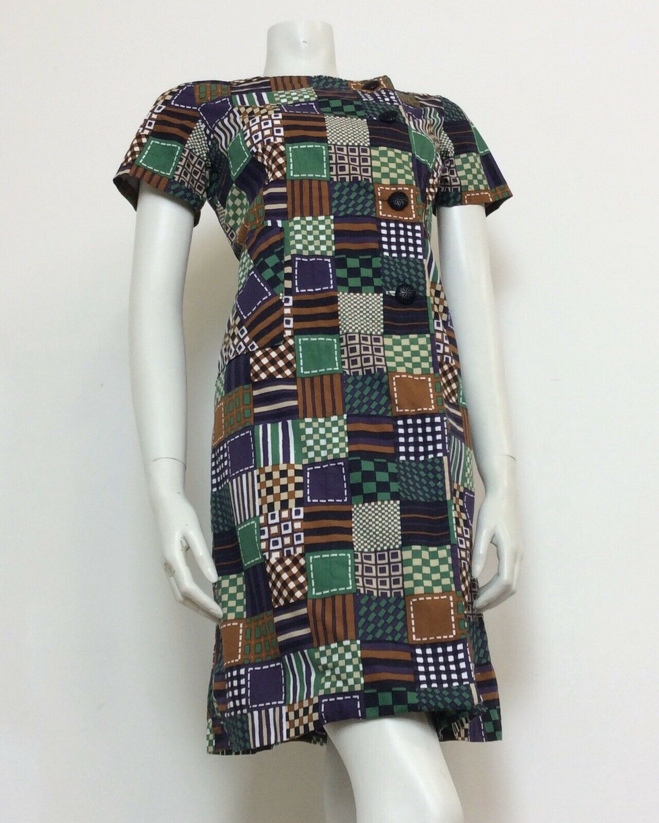 VINTAGE 60S NAVY GREEN WHITE BROWN CHECKERED COTTON MINI DRESS 12