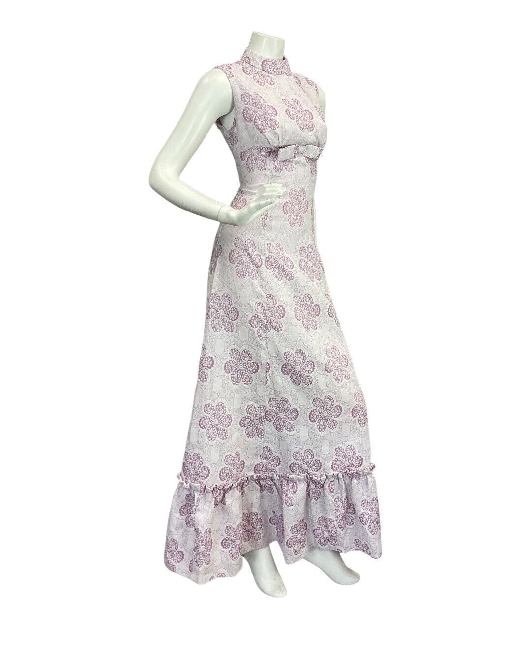 VINTAGE 60s 70s PASTEL PURPLE PINK FLORAL BOW MOD SLEEVELESS MAXI DRESS 10 12