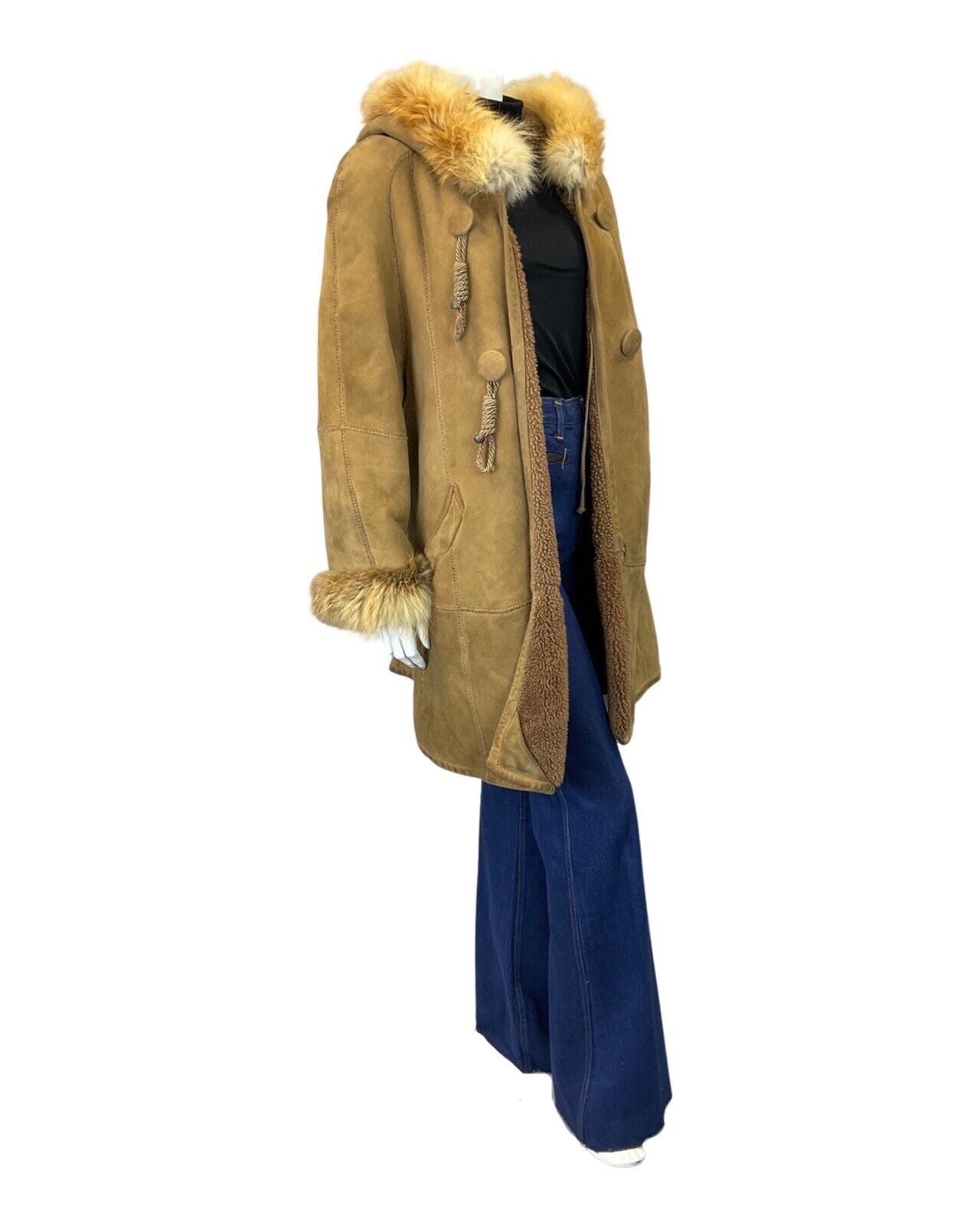 VINTAGE 60s 70s LIGHT BROWN SUEDE HOODED BOHO TENT FLARED SHEARLING COAT 14 16