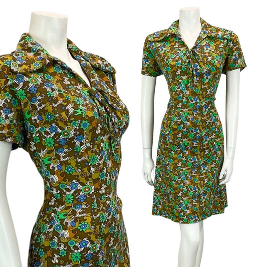 VINTAGE 60S 70S GREEN KHAKI BLUE FLORAL PSYCHEDELIC PRINT MINI DRESS 14