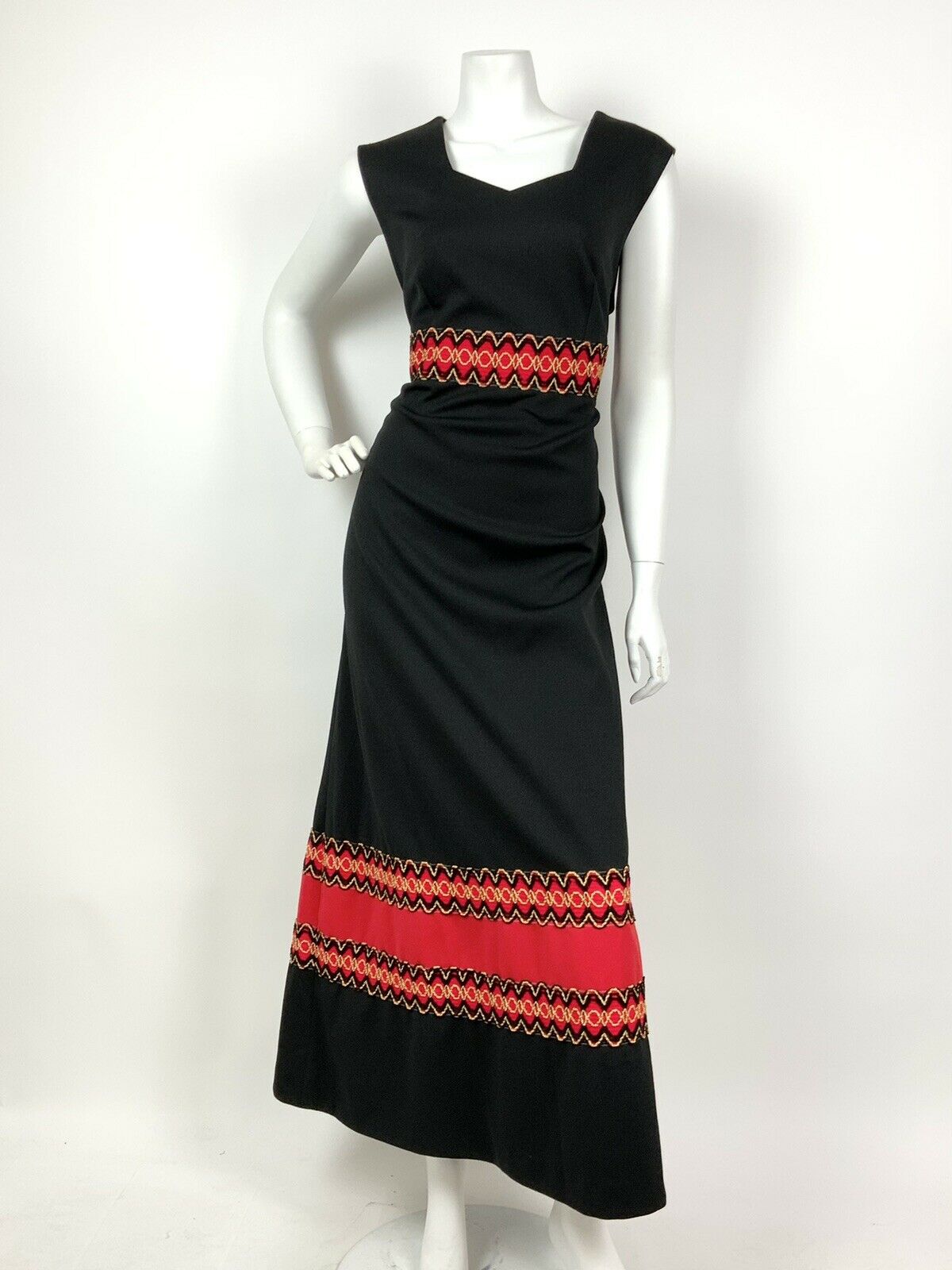 VINTAGE 60s 70s BLACK RED GOLD GLITTER BOHO MAXI DRESS 14 16