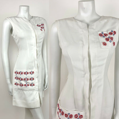 VINTAGE 60s MOD WHITE SHEATH DRESS RED BLUE FLORAL EMBROIDERY CROSS STITCH 10 12