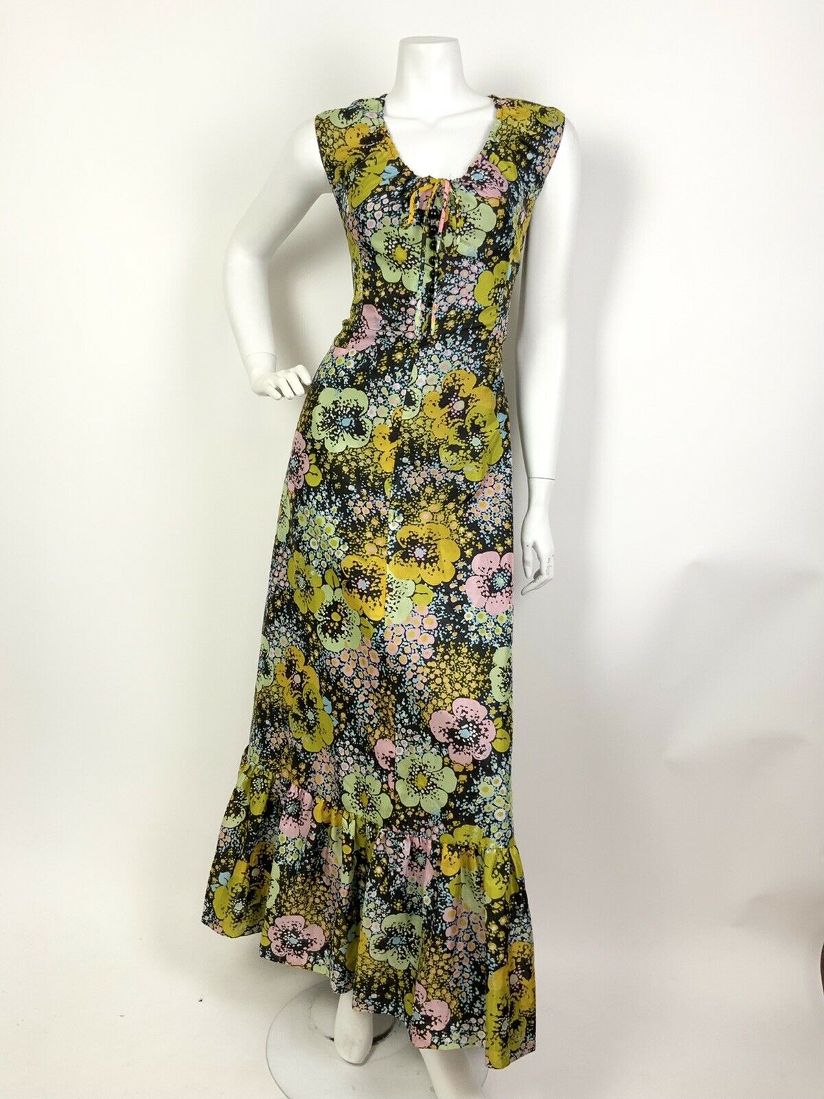 VINTAGE 60s 70s BLACK YELLOW PINK BLUE PSYCHEDELIC FLORAL DOTTY MAXI DRESS 12