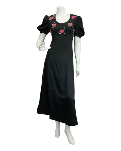 VINTAGE 60s 70s BLACK PINK ROSE EMBROIDERED DIAMANTE PUFF SLEEVE MOD MAXI DRESS