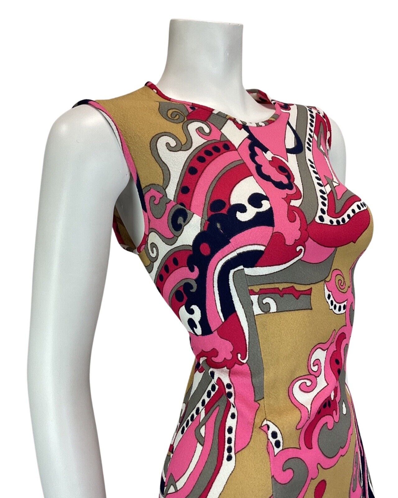 VINTAGE 60s 70s PINK BEIGE GREY PSYCHEDELIC SWIRL MOD SLEEVELESS DRESS 10 12