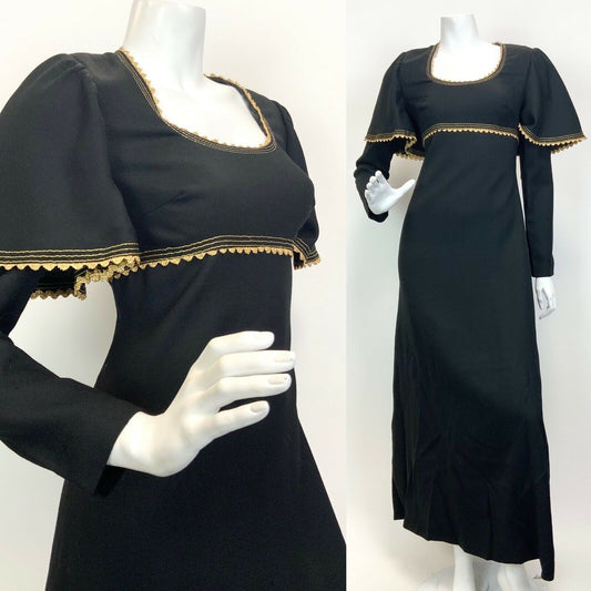 VTG 60s 70s BLACK GOLD RICRAC CAPE-SLEEVE GLAM PARTY EMPIRE LINE MAXI DRESS 8