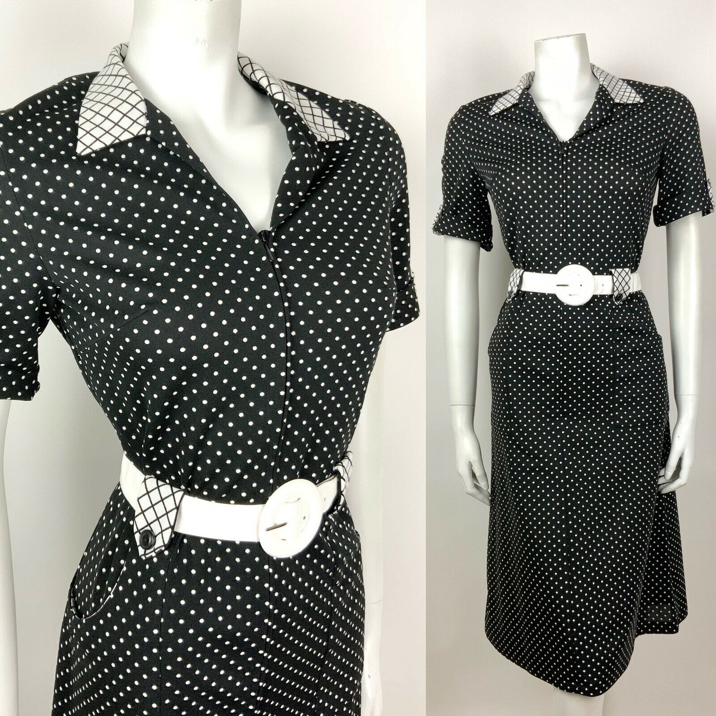 VINTAGE 60s 70s BLACK WHITE POLKA-DOT MOD BELTED MIDI WIGGLE DRESS 10 12