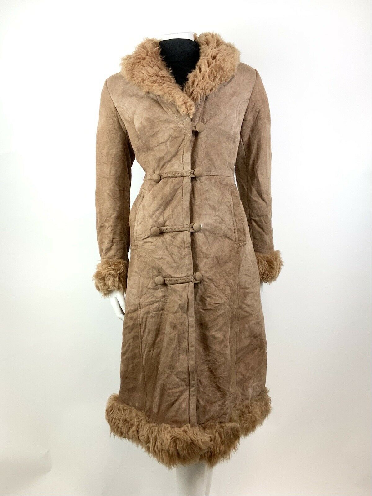 VINTAGE 60s 70s TAWNY BROWN SUEDE LEATHER SHEARLING FUR BOHO PRINCESS COAT 10 12