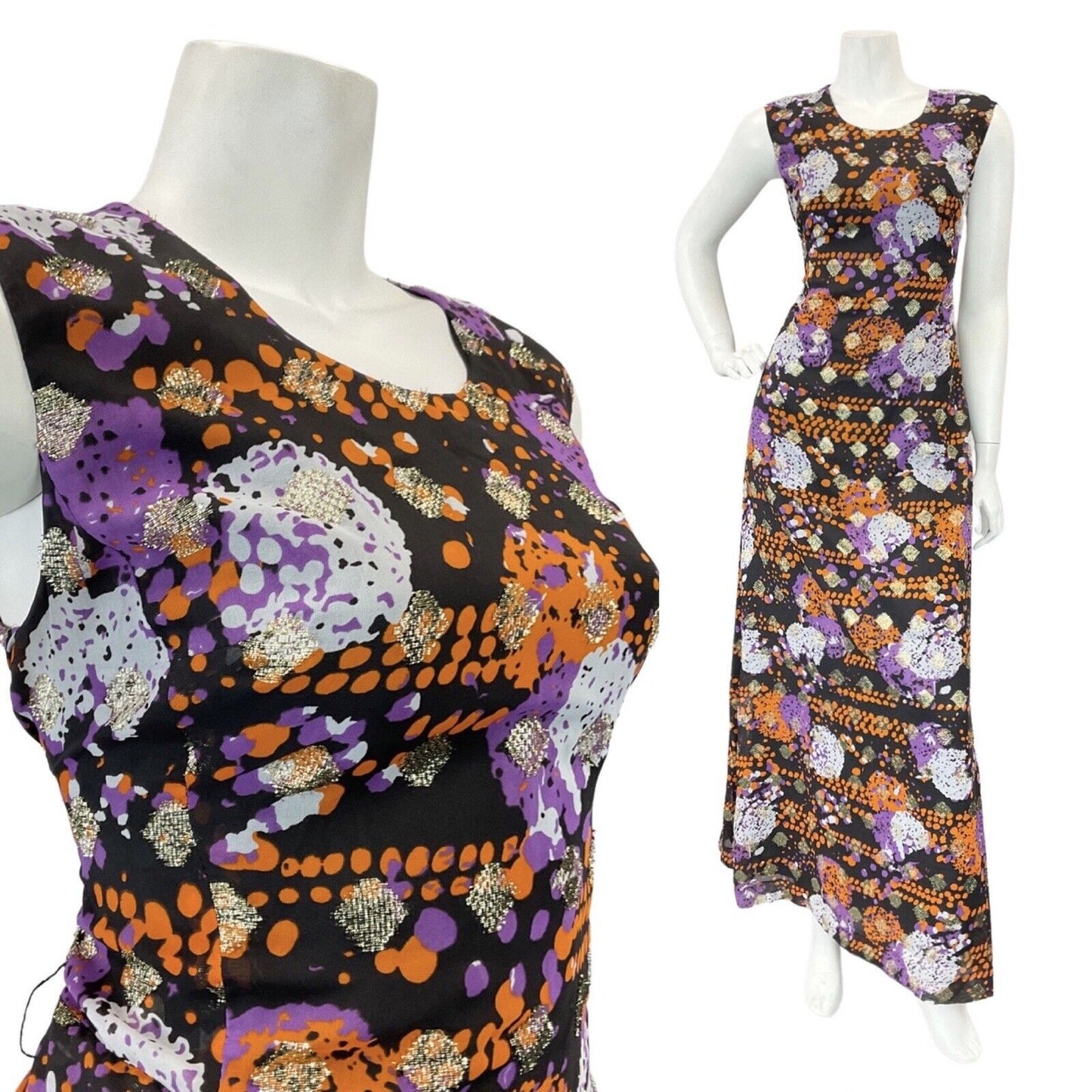 VINTAGE 60s 70s PURPLE ORANGE BLACK PSYCHEDELIC ABSTRACT PARTY MAXI DRESS 10 12