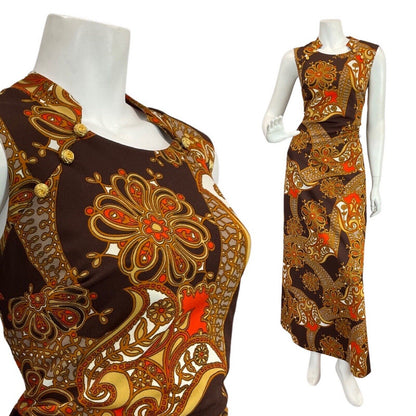 VTG 60s 70s BROWN ORANGE EIGE PSYCHEDELIC FLORAL MOD SLEEVELESS MAXI DRESS 10 12