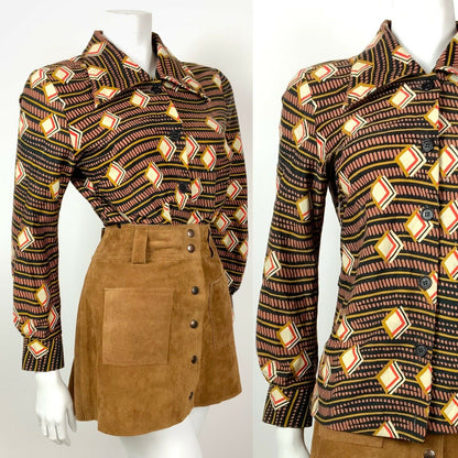 VINTAGE 60s 70s BLACK BROWN CREAM GOLD STRIPED GEOMETRIC DAGGER SHIRT 14