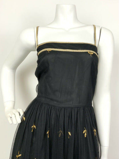 VINTAGE 60s 70s BLACK GOLD EMBROIDERED LEAF STUDIO 54 STRAPPY MESH MAXI DRESS 8