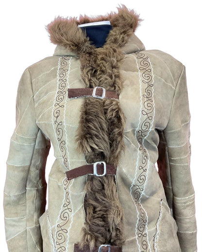 VINTAGE 60s 70s BROWN WHITE EMBROIDERED PATCHWORK HOODED BOHO SHEARLING COAT 14