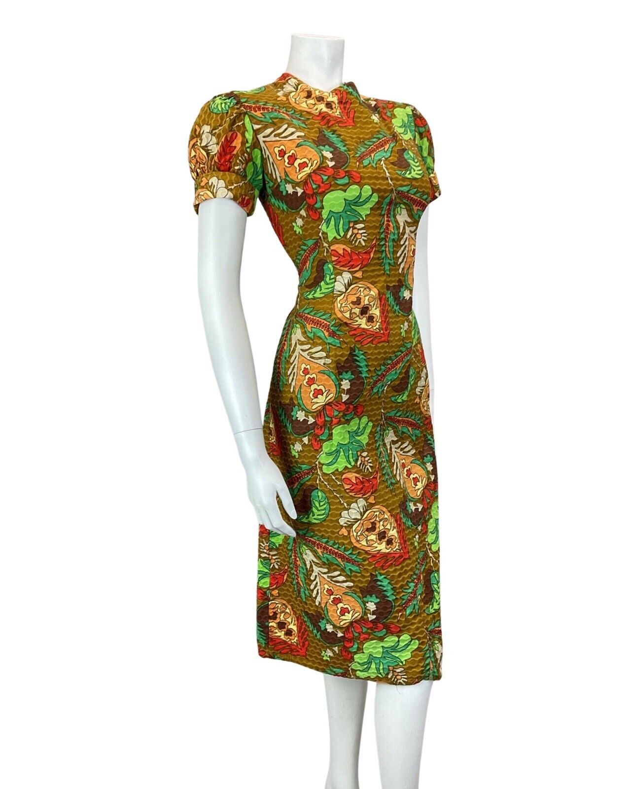 VINTAGE 60s 70s BROWN RED GREEN TROPICAL FLORAL MOD PUFF SLEEVE SHORT DRESS 10