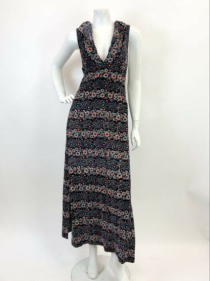 VTG 60s 70s BLACK PINK GREEN WHITE FLORAL DAISY CORDUROY PLUNGE MAXI DRESS 10 12