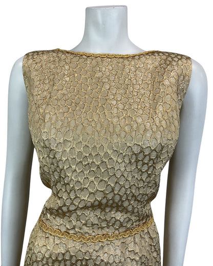 VINTAGE 60s 70s GOLD TEXTURED MOD MINI DISCO PARTY CHRISTMAS EVENING DRESS 12