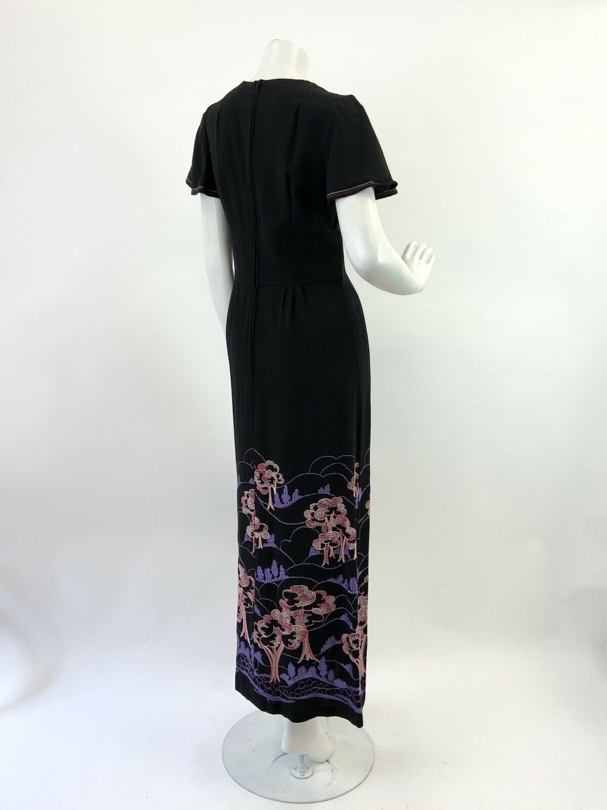 VTG 60s 70s BLACK PURPLE PINK EMBROIDERED TREE NATURE BOHO FOLK MAXI DRESS 10 12