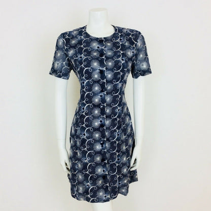 VINTAGE 1960S NAVY BLUE WHITE EMBROIDERED FLORAL SPIROGRAPH DRESS 10 12