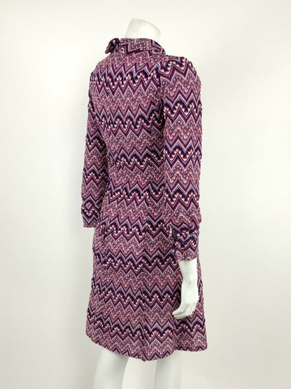 VINTAGE 60s 70s BLUE WHITE RED CHEVRON CROCHET KNIT MOD TURTLENECK DRESS 10 12