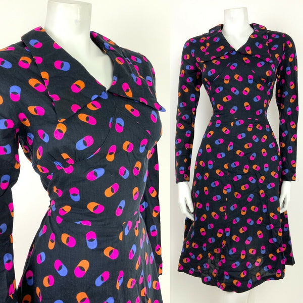 VINTAGE 60s 70s BLACK PINK ORANGE BLUE GEOMETRIC HIPPY DAGGER COLLAR DRESS 8 10