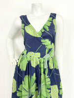 VTG 60s 70s NAVY BLUE LIME GREEN TEAL FLORAL LEAF GEOMETRIC WRAP MAXI DRESS 8