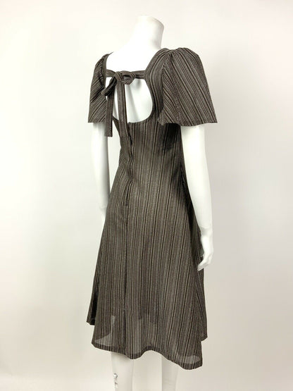 VINTAGE 60s 70s BROWN SILVER STRIPED CROCHETED CAPE SLEEVE SWING DRESS 6 8