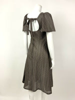 VINTAGE 60s 70s BROWN SILVER STRIPED CROCHETED CAPE SLEEVE SWING DRESS 6 8