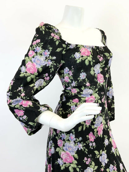 VINTAGE 60s 70s BLACK PINK PURPLE GREEN FLORAL ROSE RUFFLE MAXI DRESS 12