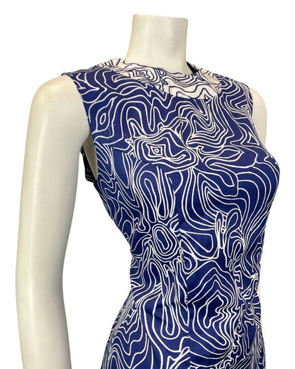 VINTAGE 60s 70s NAVY BLUE WHITE SWIRL PSYCHEDELIC SLEEVELESS MIDI DRESS 10 12