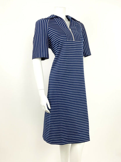 VTG 60s 70s NAVY BLUE WHITE STRIPED WING COLLAR MOD NAUTICAL SHIFT DRESS 14 16