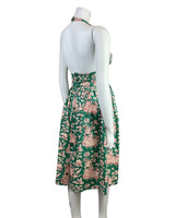 VTG 60s 70s GREEN RED CREAM CHINESE TIGER BLOSSOM CACHAREL HALTER SUN-DRESS 6 8