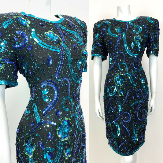 VTG 70s 80s BLACK BLUE GREEN VINE FLORAL SEQUIN DISCO STUDIO 54 PARTY DRESS 14