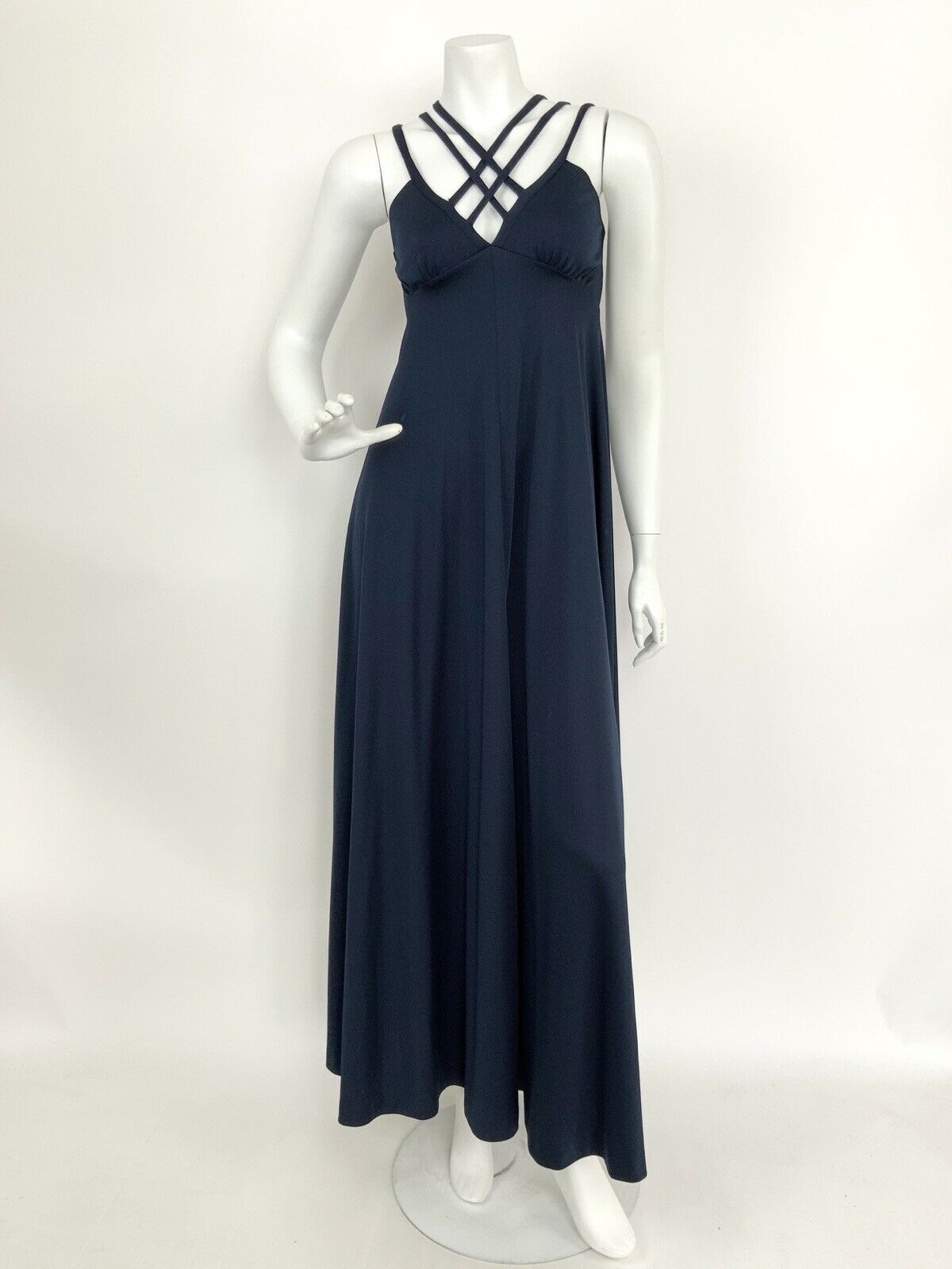 VINTAGE 70s NAVY BLUE STRAPPY CROSS HATCH ELEGANT STUDIO MAXI DRESS 6