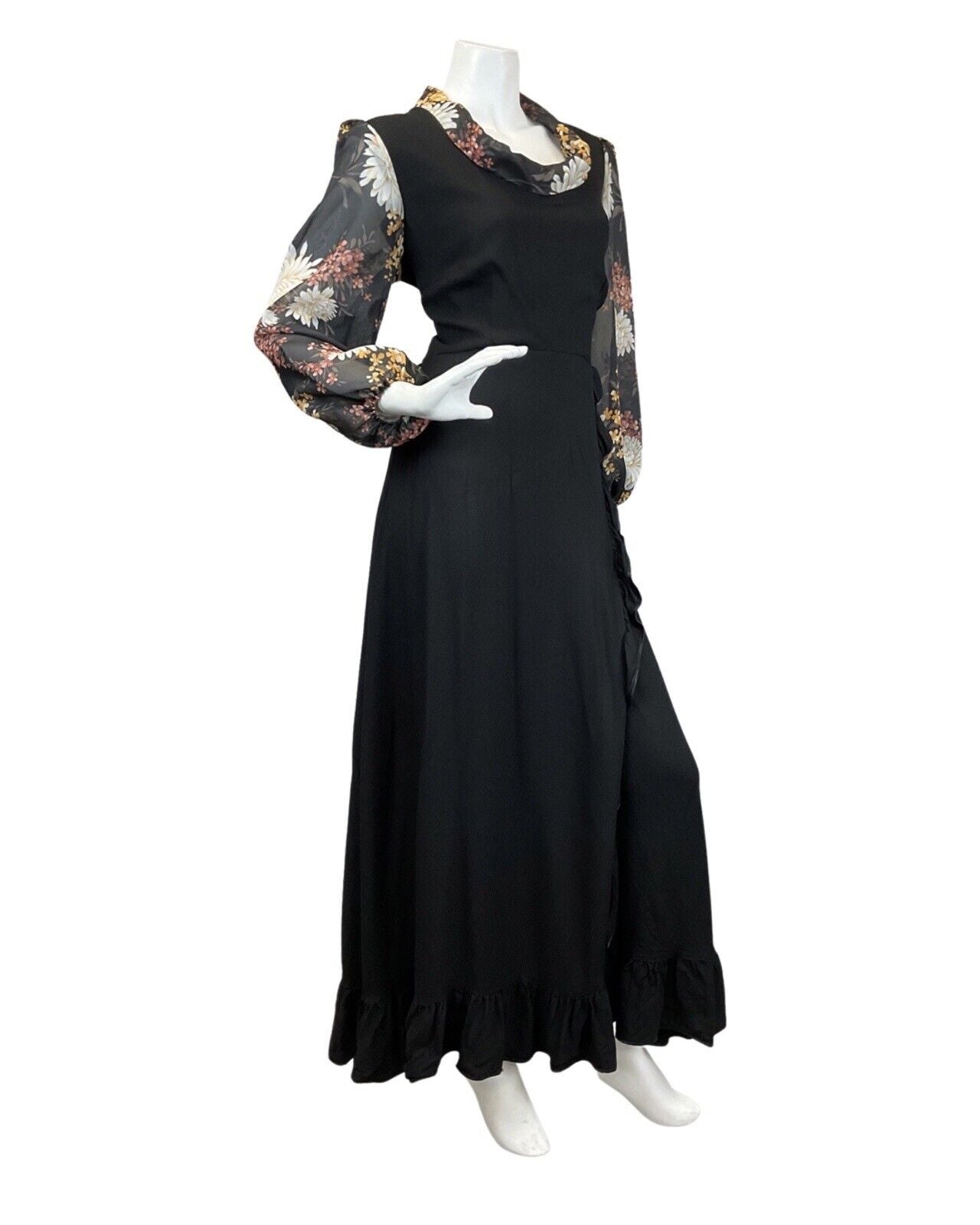 VINTAGE 60s 70s BLACK BROWN BEIGE FLORAL BOHO COWL NECK MAXI DRESS 14 16